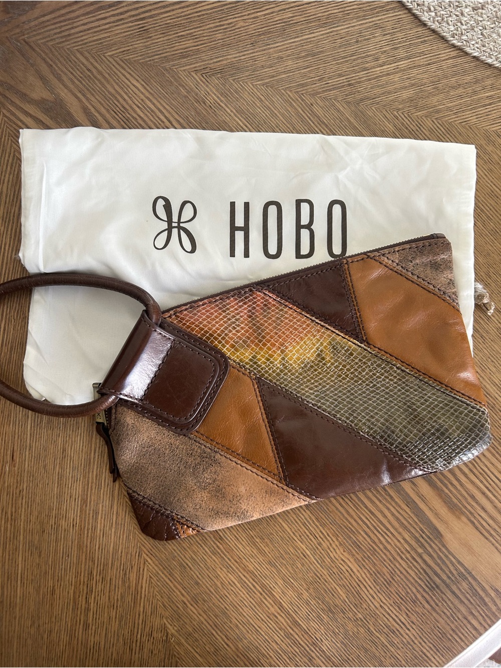 HOBO Patchwork Leather Wristlet Clutch in Brown and Tan